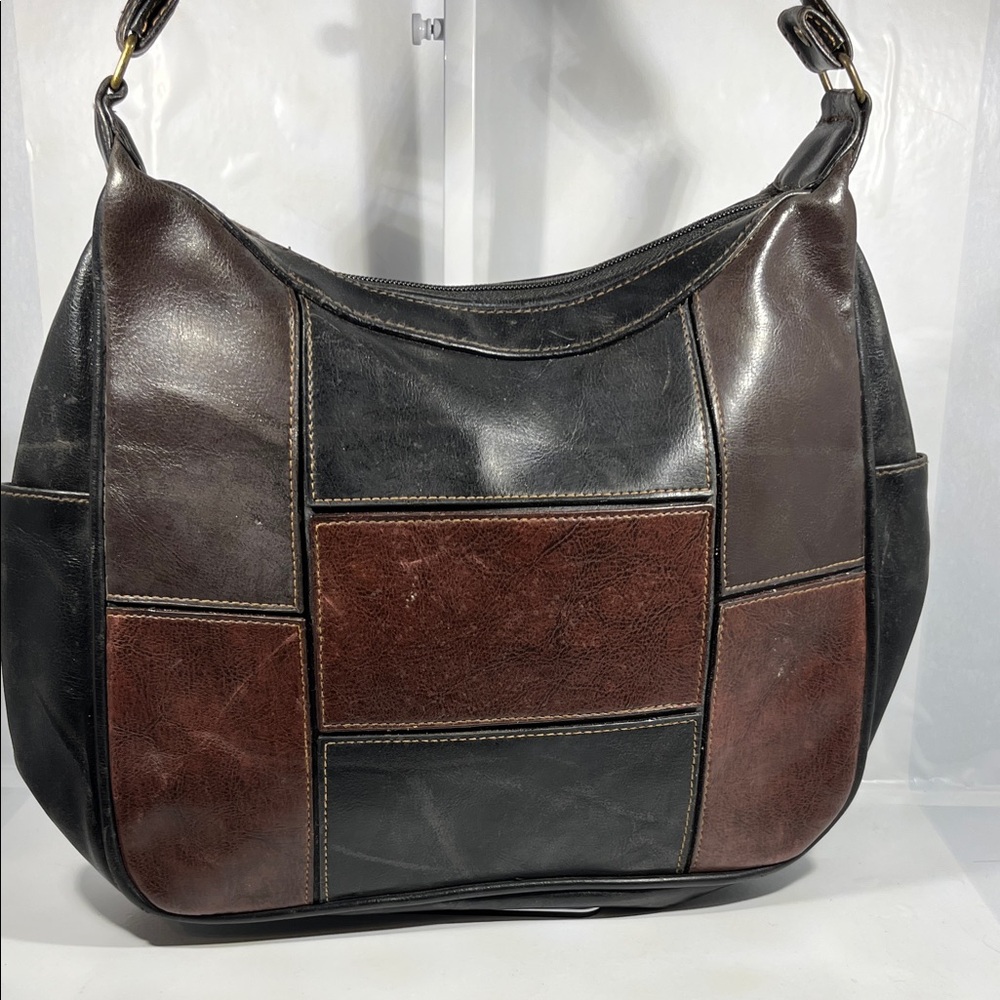 Patchwork Leather Hobo Bag - Black and Brown